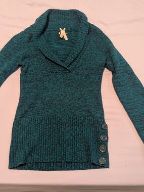 Derek Heart Teal Marled Shawl Collar Sweater with Side Buttons